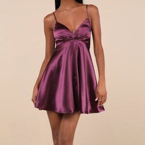 Lulus Happily Yours Plum Purple Satin Skater Mini Dress - Size S